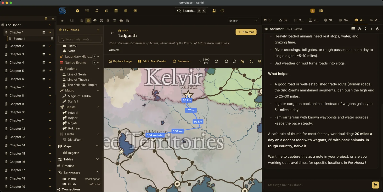 The assistant panel beside the map module, answering a question about travel times and offering to save the answer as a note in the project.