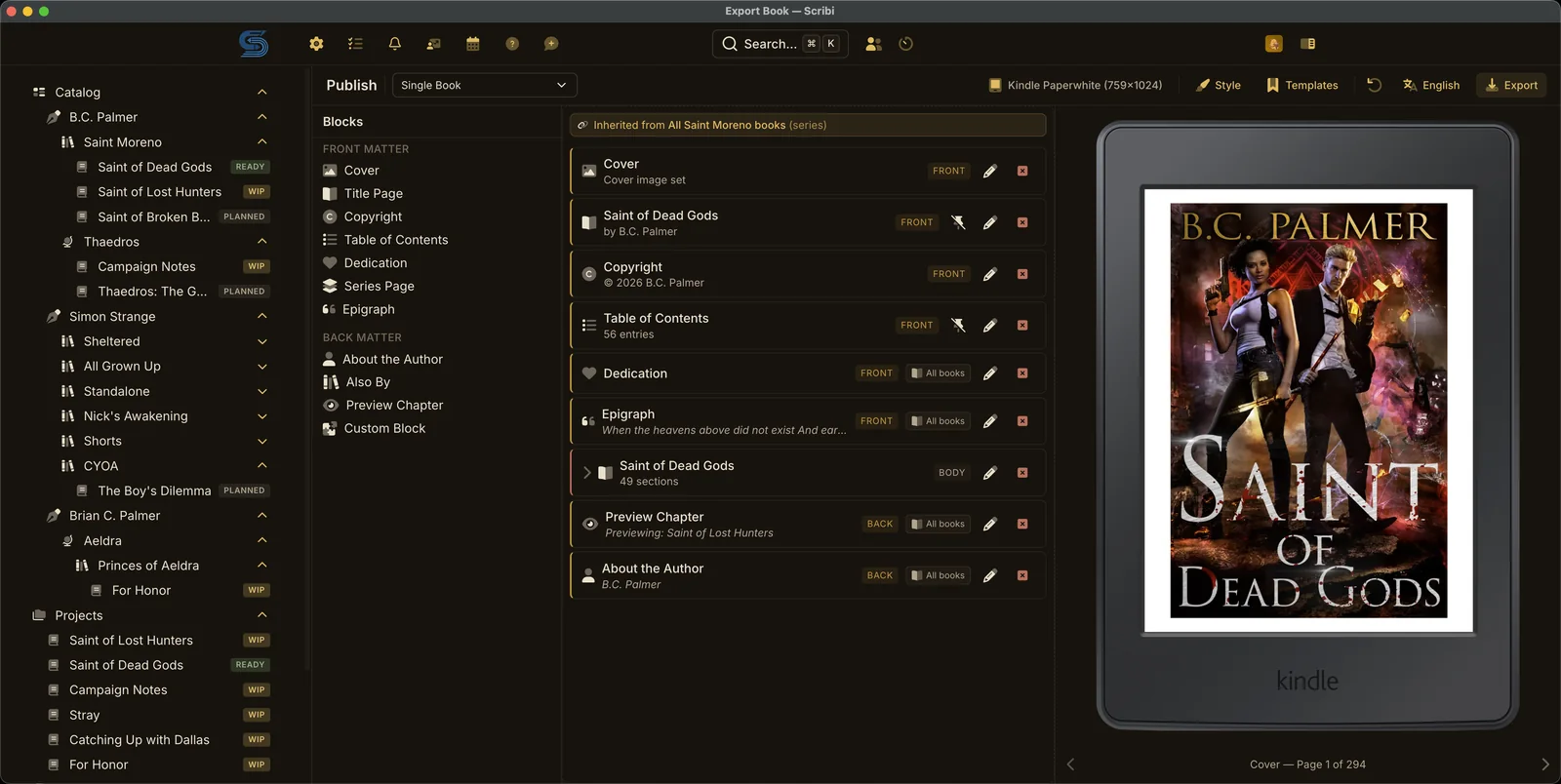 The publish screen: front and back matter blocks inherited from a series, with an e-reader preview of the cover.