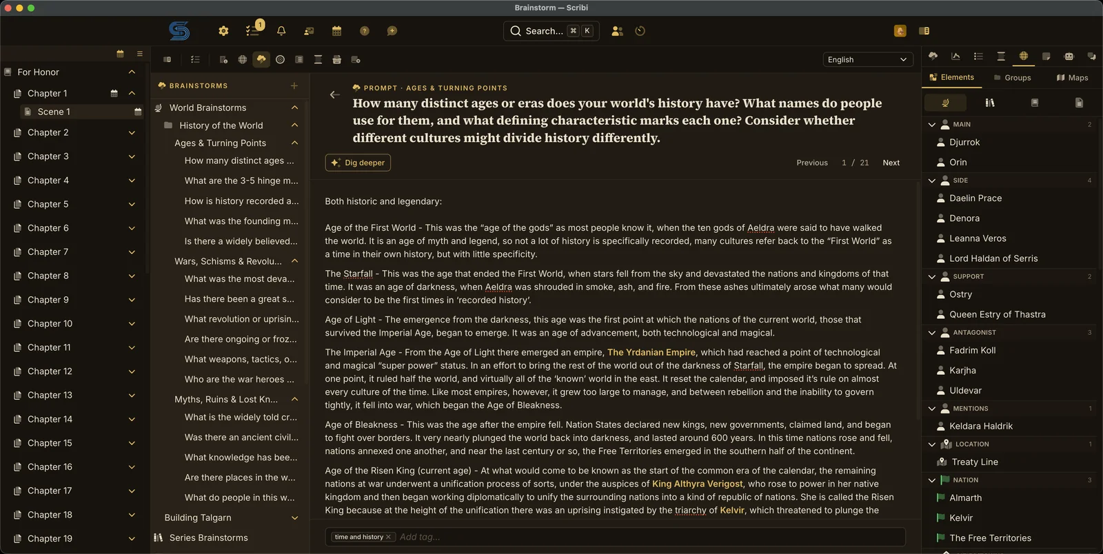 A brainstorm session: a prompt series with one prompt open and the answer beneath it, storybase elements listed beside it.
