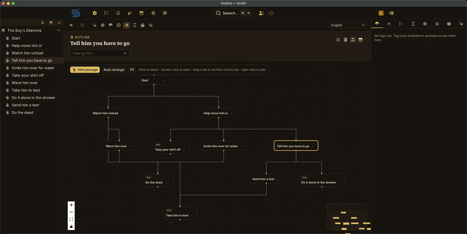 The branching graph view: passages as nodes linked by their choices, several marked as endings.