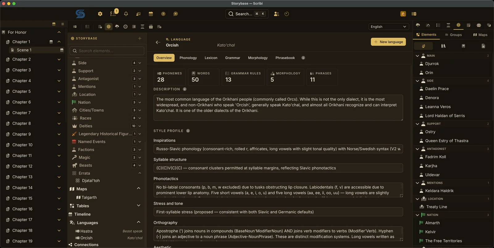 The language module: an overview with counts of phonemes, words, grammar rules, morphology patterns, and phrases, and a style profile.