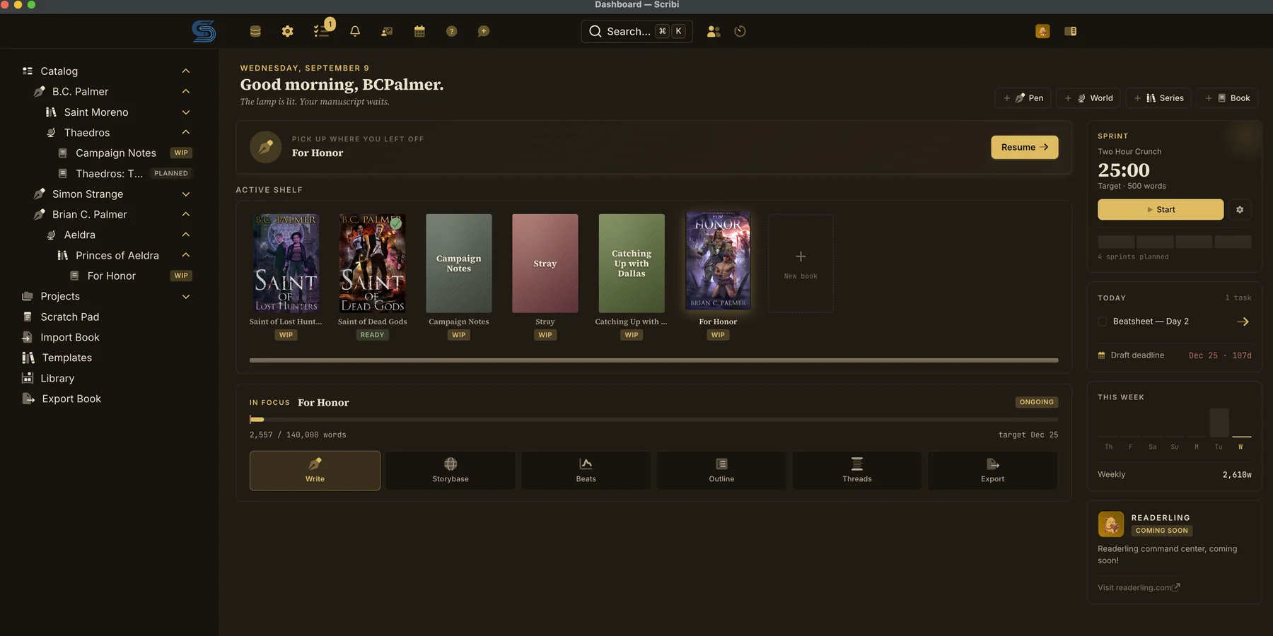 Scribi Writer's Studio dashboard on macOS: the catalog tree of pen names, worlds, series, and books; an active shelf of covers; a writing sprint timer; today's tasks.