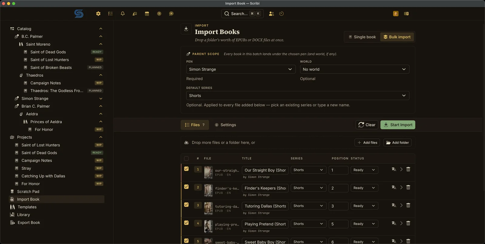The bulk import screen: a folder of EPUBs mapped to a pen name and a series, each file with its title, position, and status.