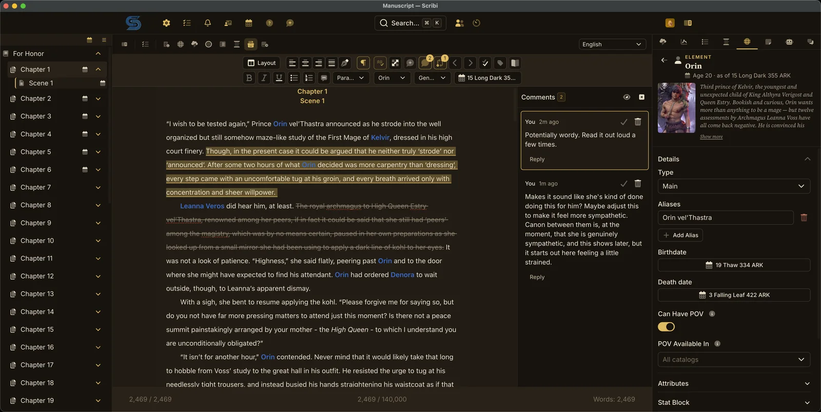 The manuscript editor: a chapter with storybase names tagged in the text, a tracked deletion and insertion, comments in the margin, and an element open in the sidebar.