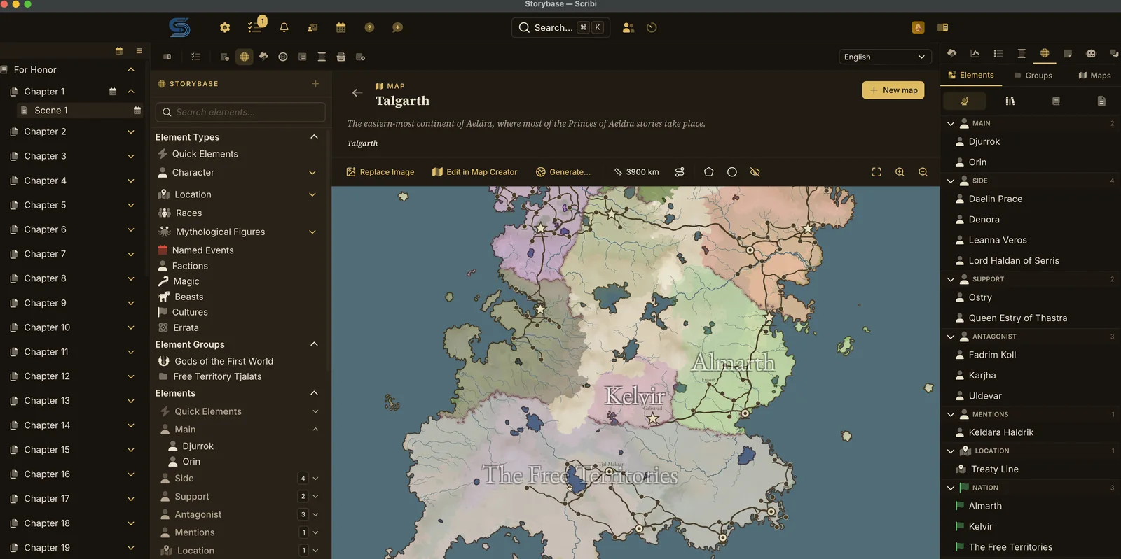Scribi's map module showing Talgarth, a painted continent map with nations, roads, and storybase locations placed on it, the storybase element list beside it.