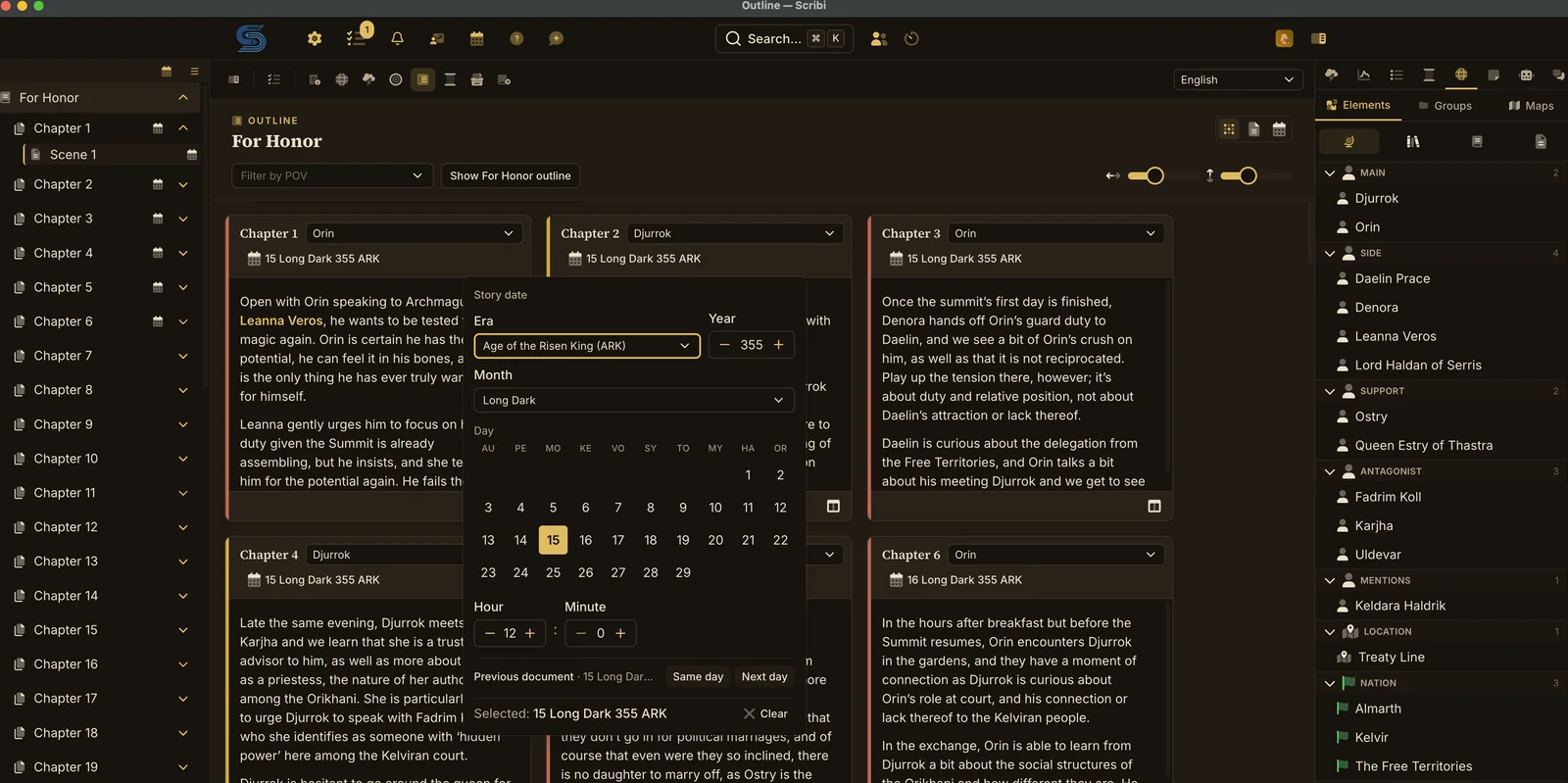 Scribi's outline view for For Honor: chapters as cards, each listing its scenes and dates, with a story-calendar date picker open.
