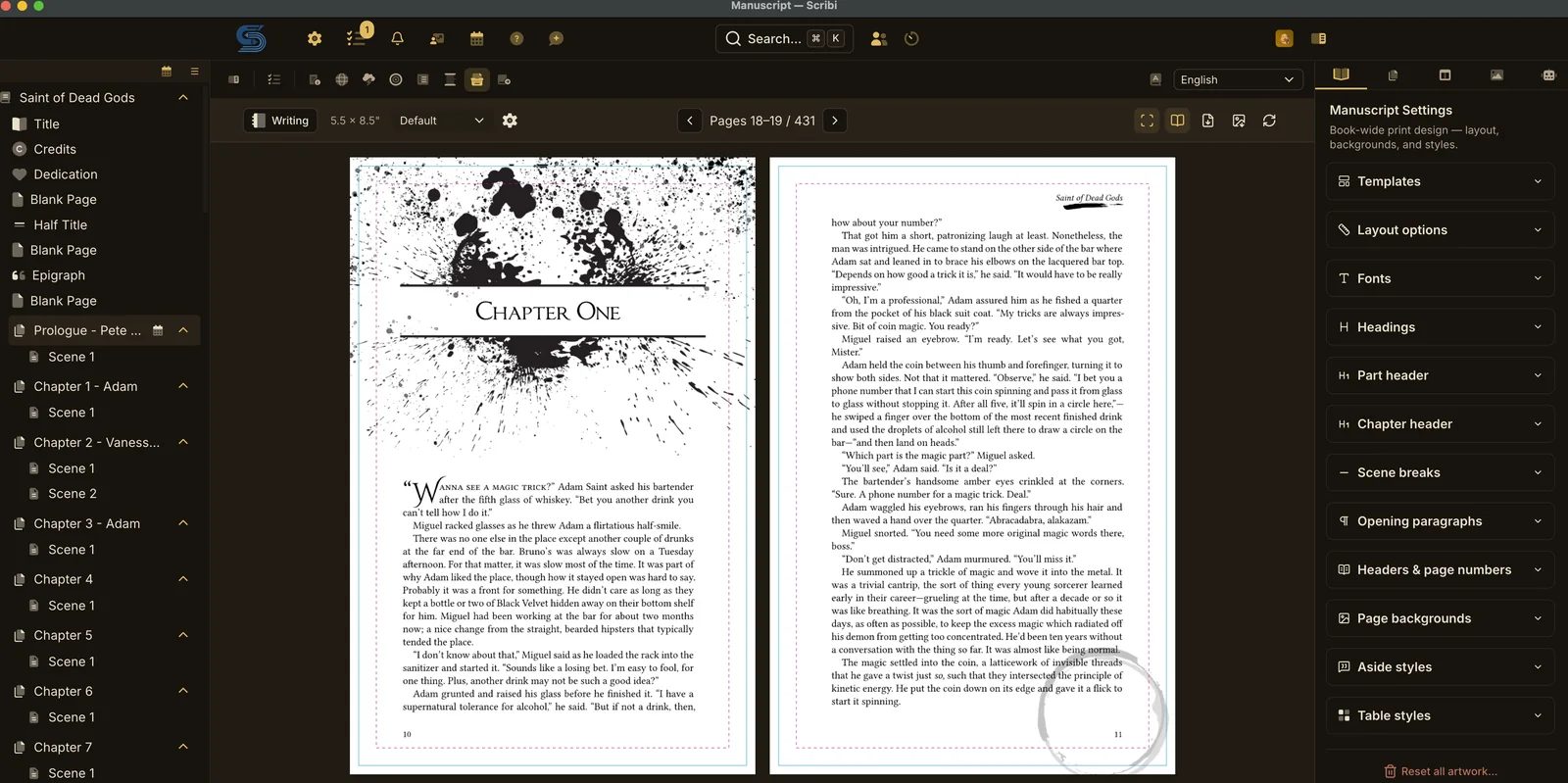 Scribi's print layout manager showing a chapter-one opener of Saint of Dead Gods as a two-page spread, with the book's block list on the left and layout settings on the right.