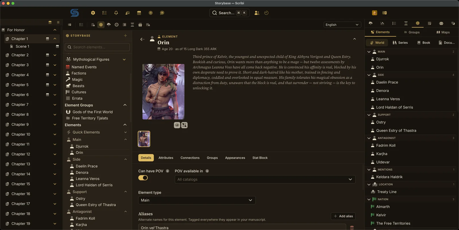 A storybase element page: portrait, description, age on the story calendar, and tabs for attributes, connections, groups, appearances, and stat block.