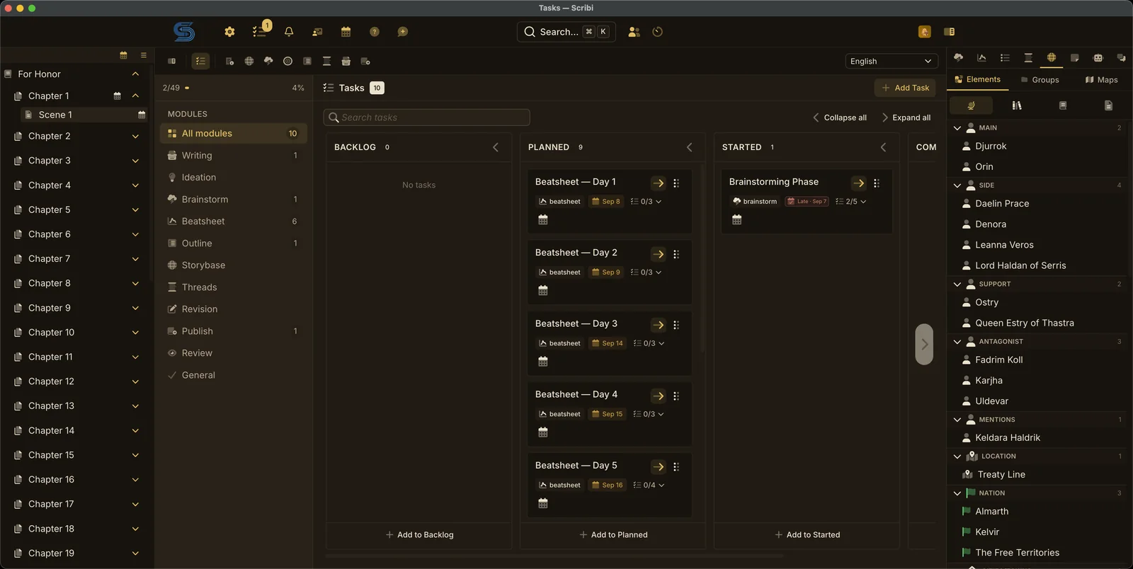 The task board: backlog, planned, started, and done columns, with tasks filtered by module.