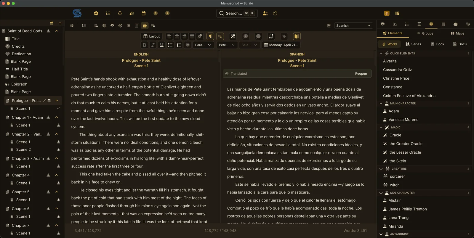 The translation editor: the original text on the left and its translation on the right, marked as translated.